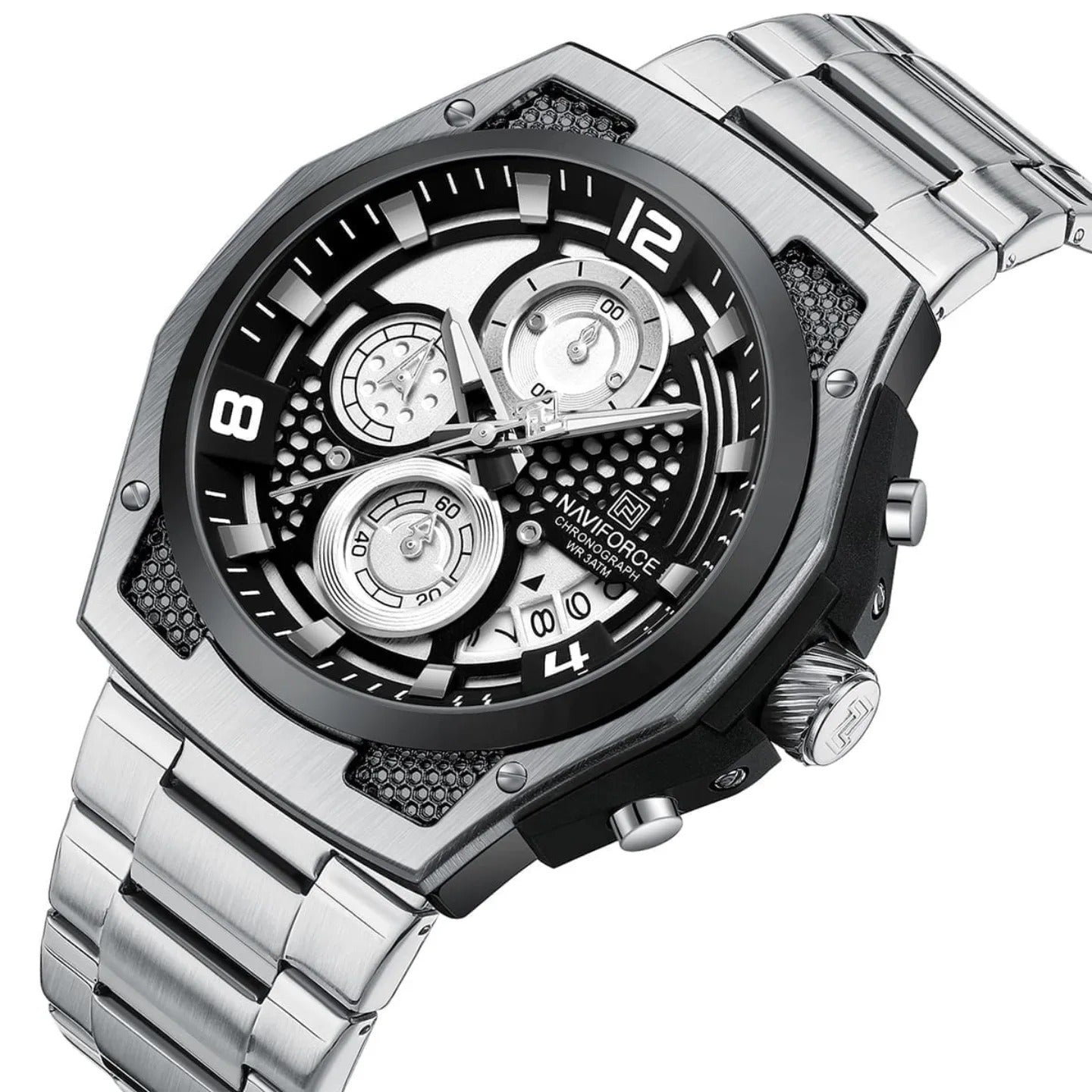 NAVIFORCE Men's Multi functional Chronograph Watch | Stainless Steel | Luminous Hands, Calendar, 5ATM Waterproof | NF6113