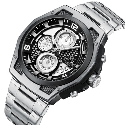 NAVIFORCE Men's Multi functional Chronograph Watch | Stainless Steel | Luminous Hands, Calendar, 5ATM Waterproof | NF6113