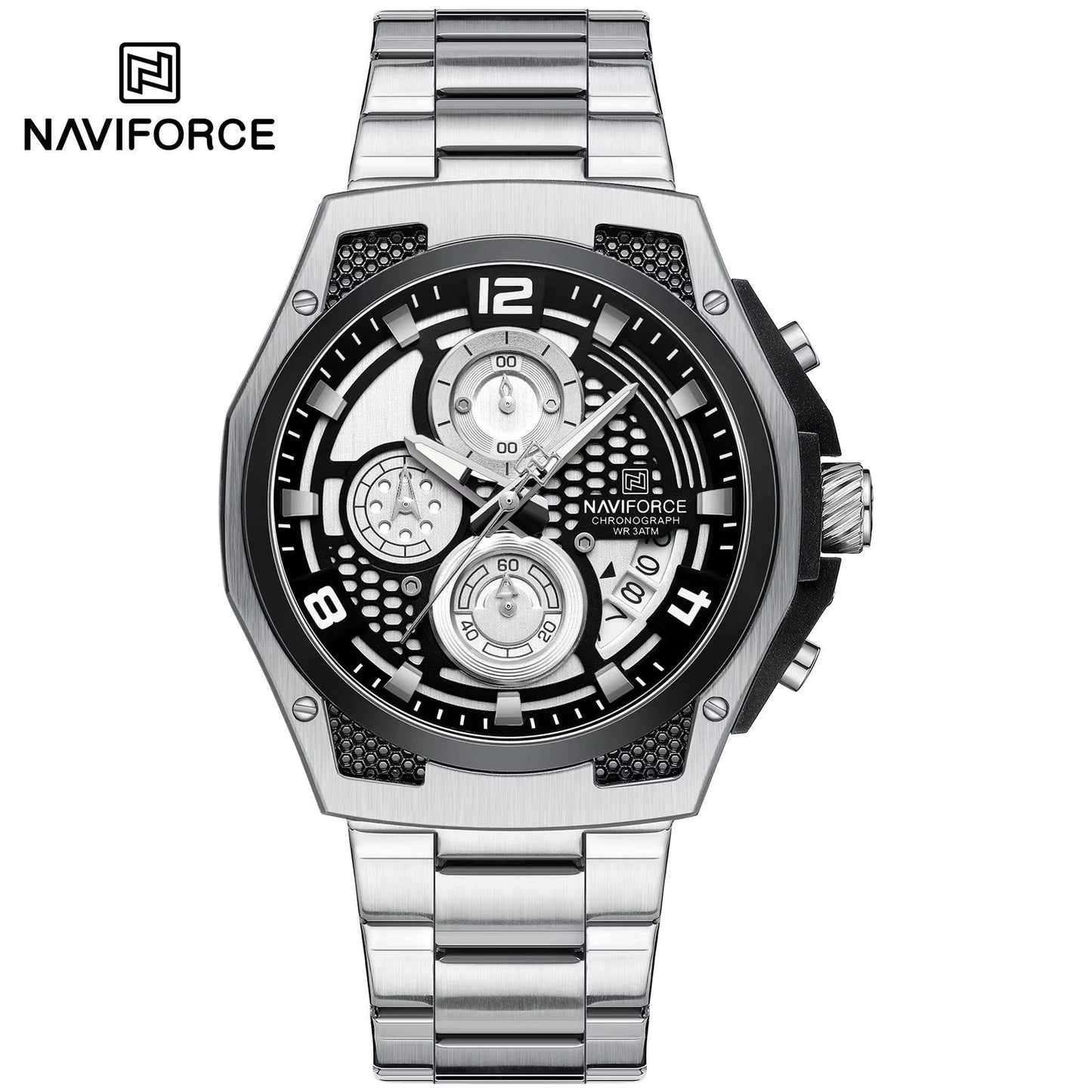 NAVIFORCE Men's Multi functional Chronograph Watch | Stainless Steel | Luminous Hands, Calendar, 5ATM Waterproof | NF6113
