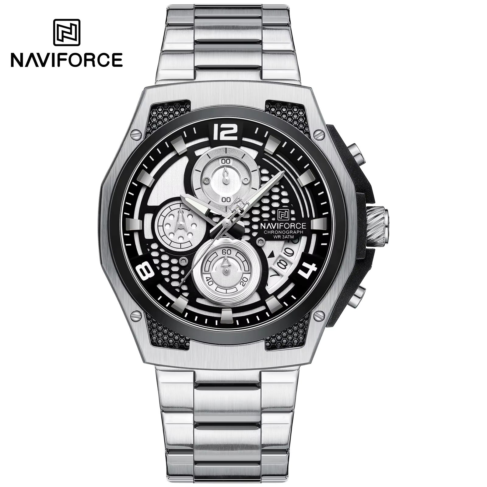 NAVIFORCE Men's Multi functional Chronograph Watch | Stainless Steel | Luminous Hands, Calendar, 5ATM Waterproof | NF6113
