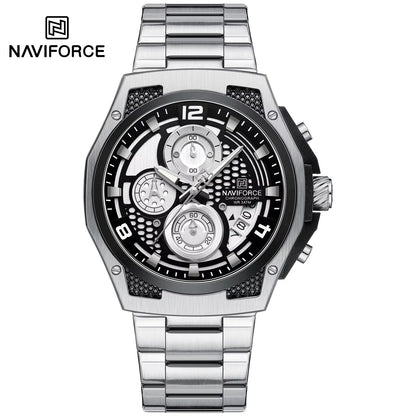 NAVIFORCE Men's Multi functional Chronograph Watch | Stainless Steel | Luminous Hands, Calendar, 5ATM Waterproof | NF6113